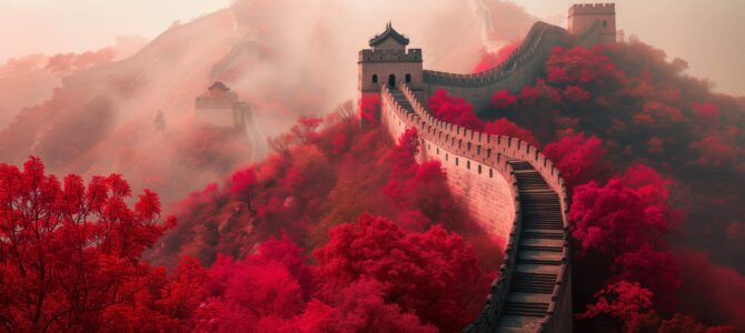 Great wall of China, red colour, whimsical, fantasy, 8K --ar 16:9 --v 6 Job ID: 476dd2c4-2e9a-48e7-bbec-bbd2f03e7a85